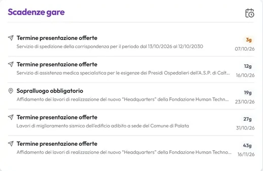 Scadenze delle gare in ordine di urgenza